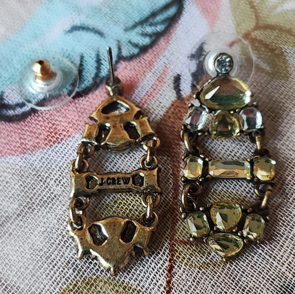 J. Crew Citrine Color Stones With Clear Rhinestones Signed Pierced Earrings EUC